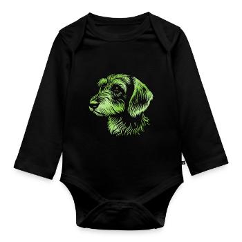 teckel à poil dur teckel à poil dur dessin tête vert - Body Bébé bio manches longues - noir - Devant