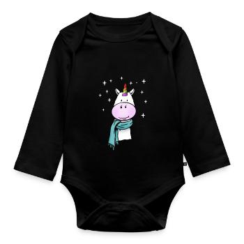 Cute unicorn with rainbow and winter scarf - Organic Longsleeve Baby Bodysuit - black - Front