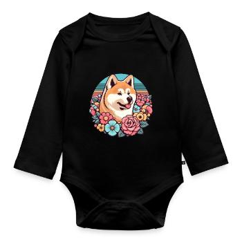 Akita Inu Retro Pastell Blumen - Baby Bio-Langarm-Body - Schwarz - Vorne