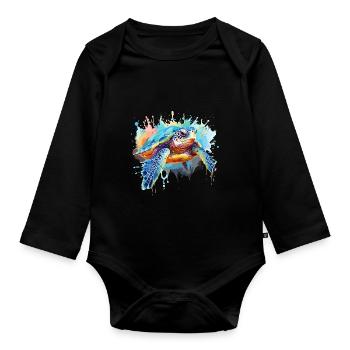 Schildkröte, Aquarellschildkröte, Spritzer - Baby Bio-Langarm-Body - Schwarz - Vorne