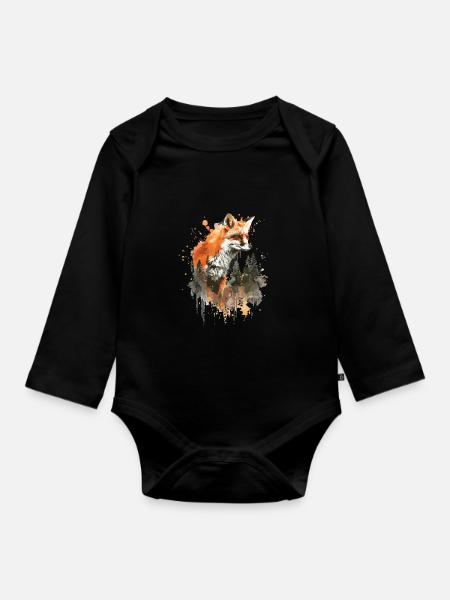 Aquarell Fuchs, Fuchs - Baby Bio-Langarm-Body - Schwarz