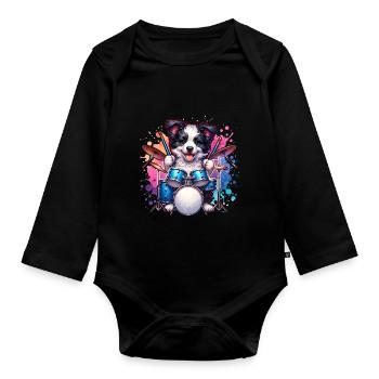 Cool Border Collie Drummer Design - Organic Longsleeve Baby Bodysuit - black - Front