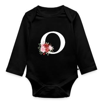 Roter Blumenbuchstabe O - Baby Bio-Langarm-Body - Schwarz - Vorne