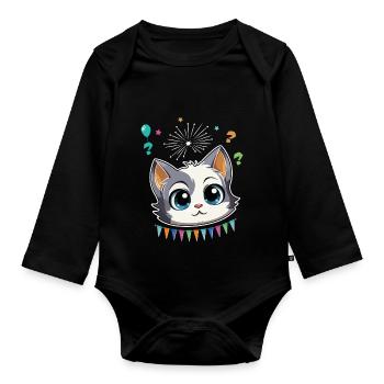 Birthday Party Celebration Design - Cute Cat - Organic Longsleeve Baby Bodysuit - black - Front