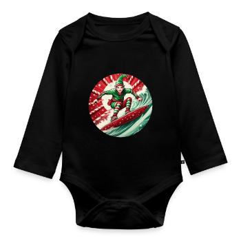 Christmas elf surfing - Organic Longsleeve Baby Bodysuit - black - Front