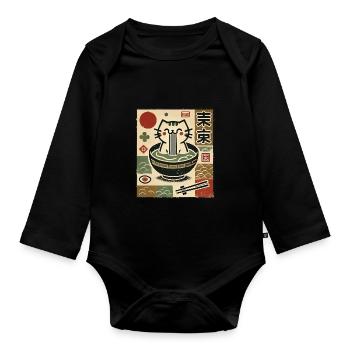 Ramen Noodles Chat Ukiyo-E Japonais Streetwear - Body Bébé bio manches longues - noir - Devant