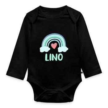 Lino Name Regenbogen Baby - Baby Bio-Langarm-Body - Schwarz - Vorne
