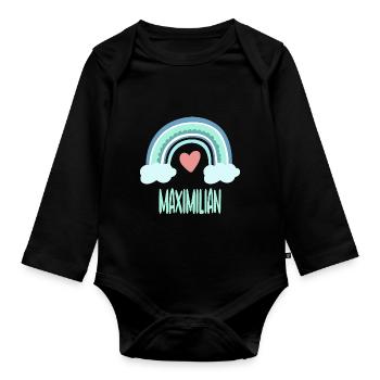 Maximilian Name Regenbogen Baby - Baby Bio-Langarm-Body - Schwarz - Vorne