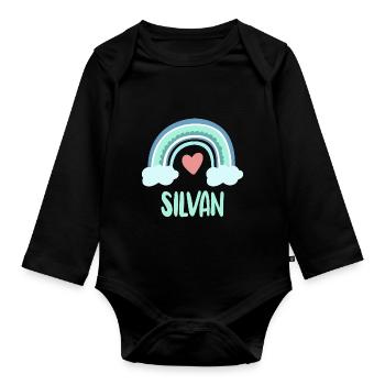 Silvan Name Regenbogen Baby - Baby Bio-Langarm-Body - Schwarz - Vorne