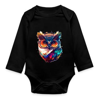 Bunte Schleiereule nachtaktiver Vogel mit Brille - Baby Bio-Langarm-Body - Schwarz - Vorne