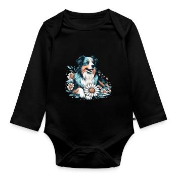 Australian Shepherd Cottage Core Landhaus Blumen - Baby Bio-Langarm-Body - Schwarz - Vorne