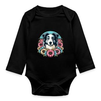 Border Collie Rétro Pastel Floral Bleu Merle - Body Bébé bio manches longues - noir - Devant
