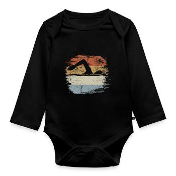 Schwimmen, Kraulen, Schwimmbad, Retro, Vintage - Baby Bio-Langarm-Body - Schwarz - Vorne