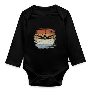 Natation, Papillon, Piscine, Rétro, Vintage - Body Bébé bio manches longues - noir - Devant