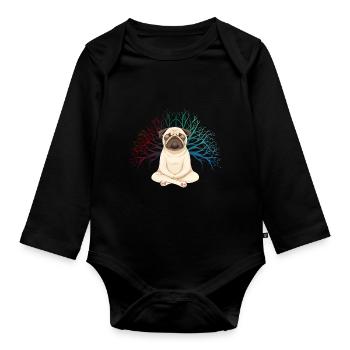 Pug Meditates Lotus Tree of Life Meditation - Organic Longsleeve Baby Bodysuit - black - Front