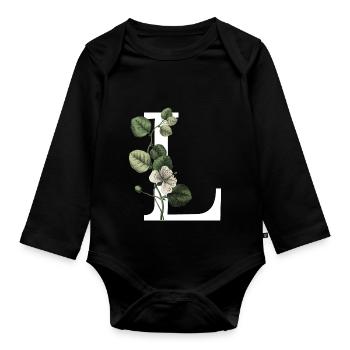 Grüner botanischer Buchstabe L - Baby Bio-Langarm-Body - Schwarz - Vorne