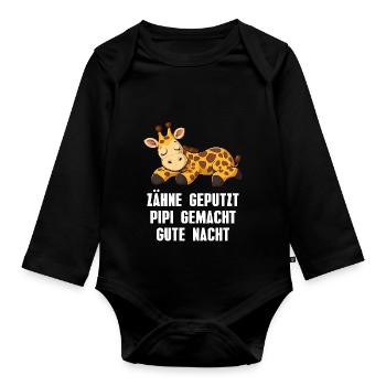 Zähne geputzt Gute Nacht Giraffe Schlafshirt - Baby Bio-Langarm-Body - Schwarz - Vorne