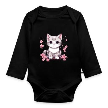 Cute cat with cherry blossoms - Organic Longsleeve Baby Bodysuit - black - Front