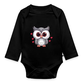 Verliebte Eule mit Herzchen - Baby Bio-Langarm-Body - Schwarz - Vorne
