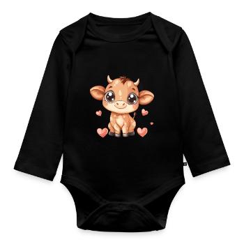 Süßes Kalb mit Herzen - Baby Bio-Langarm-Body - Schwarz - Vorne