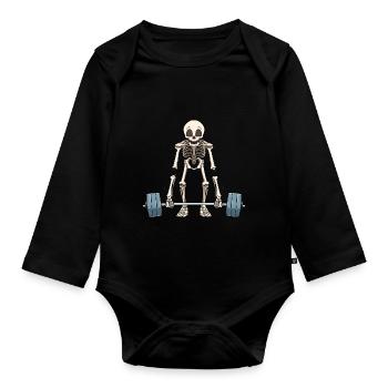 Funny skeleton weightlifting - Organic Longsleeve Baby Bodysuit - black - Front