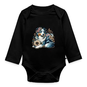 Australian Shepherd Cottage Core Landhaus Blumen - Baby Bio-Langarm-Body - Schwarz - Vorne