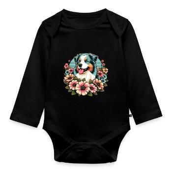 Australian Shepherd blue merle Pastel Retro Flowers - Organic Longsleeve Baby Bodysuit - black - Front