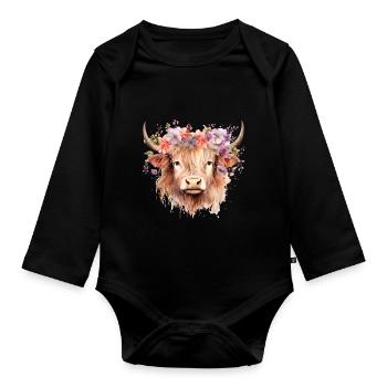 Highland Serenade: Tribute to Scottish Cattle Farm - Organic Longsleeve Baby Bodysuit - black - Front