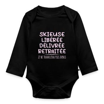 Skieuse célèbre sa retraite avec humour cadeau - Body Bébé bio manches longues - noir - Devant