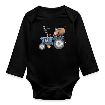 Ulkiger Stier auf Traktor - Baby Bio-Langarm-Body - Schwarz - Vorne