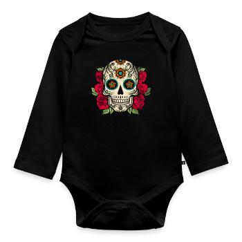 Jour des morts - crâne coloré avec des fleurs - Body Bébé bio manches longues - noir - Devant