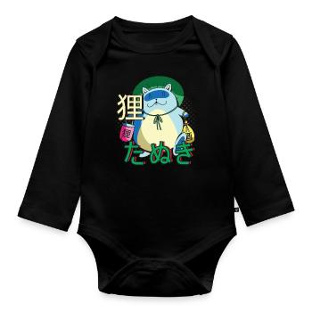 Anime Katze Tanuki Yokai - Baby Bio-Langarm-Body - Schwarz - Vorne