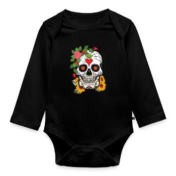Floral Sugar Skull Muertos Day Of Dead Flower - Body Bébé bio manches longues - noir - Devant