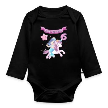 6th Birthday - Mermaid with Unicorn Girl - Baby Bio-Langarm-Body - Schwarz - Vorne