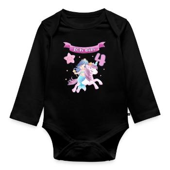4. Geburtstag - Meerjungfrau mit Einhorn Mädchen 4 - Baby Bio-Langarm-Body - Schwarz - Vorne