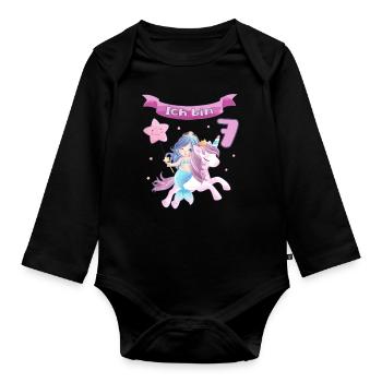 7. Geburtstag - Meerjungfrau mit Einhorn Mädchen 7 - Baby Bio-Langarm-Body - Schwarz - Vorne
