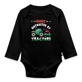 Agriculteur agricole Rancher Facilement distrait Tracteur - Body Bébé bio manches longues - noir - Devant