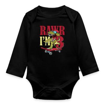 Birth Born Age 3 Years Old Dinosaur Skateboard - Organic Longsleeve Baby Bodysuit - black - Front