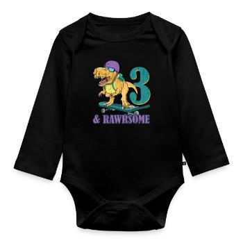 Birth Born Age 3 Years Old Skateboard Dinosaur - Organic Longsleeve Baby Bodysuit - black - Front