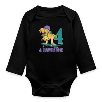 Birth Born Age 4 Years Old Skateboard Dinosaur - Organic Longsleeve Baby Bodysuit - black - Front