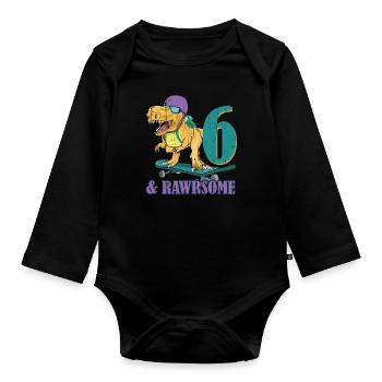 Birth Born Age 6 Years Old Skateboard Dinosaur - Organic Longsleeve Baby Bodysuit - black - Front