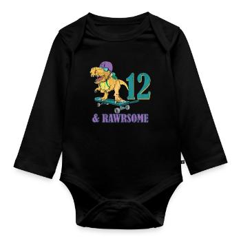 Birth Born Age 12 Years Old Skateboard Dinosaur - Organic Longsleeve Baby Bodysuit - black - Front