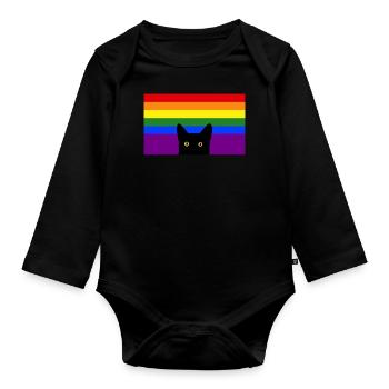 Chat jetant un coup d’œil sur le drapeau arc-en-ciel - Body Bébé bio manches longues - noir - Devant