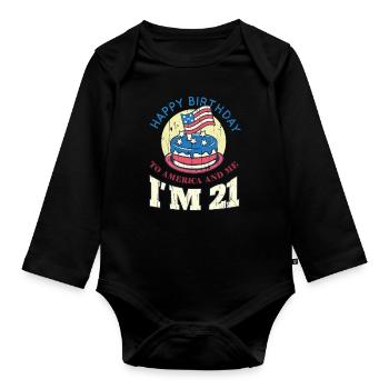 US America Flag Cake Birth Age 21 USA 4th Of July - Organic Longsleeve Baby Bodysuit - black - Front