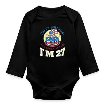 US America Flag Cake Birth Age 27 USA 4th Of July - Organic Longsleeve Baby Bodysuit - black - Front