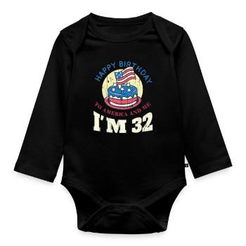 US America Flag Cake Birth Age 32 USA 4th Of July - Organic Longsleeve Baby Bodysuit - black - Front