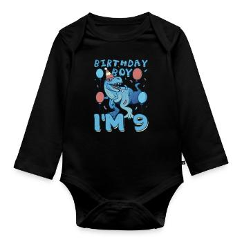 Boy Age 9 Year Old Cute Birth Born Roar Dinosaur - Baby Bio-Langarm-Body - Schwarz - Vorne