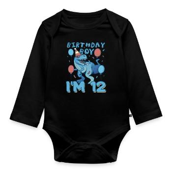 Boy Age 12 Year Old Cute Birth Born Roar Dinosaur - Baby Bio-Langarm-Body - Schwarz - Vorne