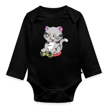 Chat de jeu mignon Jouant à des jeux vidéo Amateur de jeux - Body Bébé bio manches longues - noir - Devant