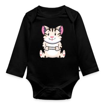 Kawaii Gaming Cat Playing Video Game Lover Gaming - Organic Longsleeve Baby Bodysuit - black - Front